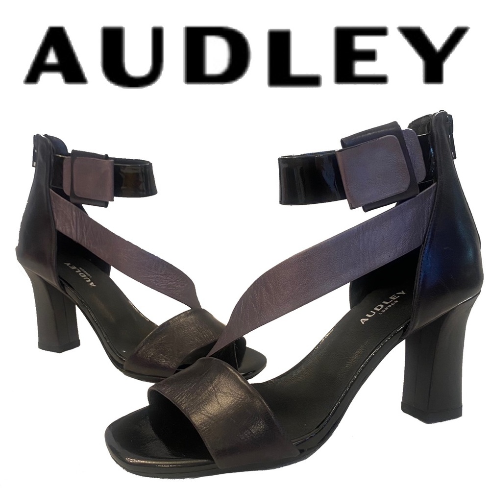AUDLEY London genuine leather black and gunmetal leather wrapped block heels